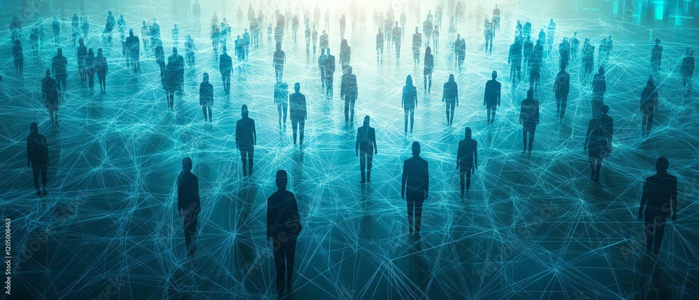 Poster a network of silhouetted figures linked by intricate lines on a blue gradient background, representi
