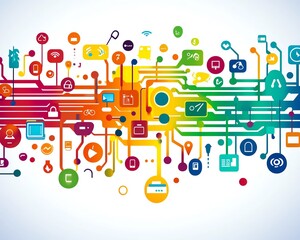 Obraz premium Bright and colorful network of user icons connected by lines, set against an abstract background, representing global connectivity, teamwork, and digital interaction