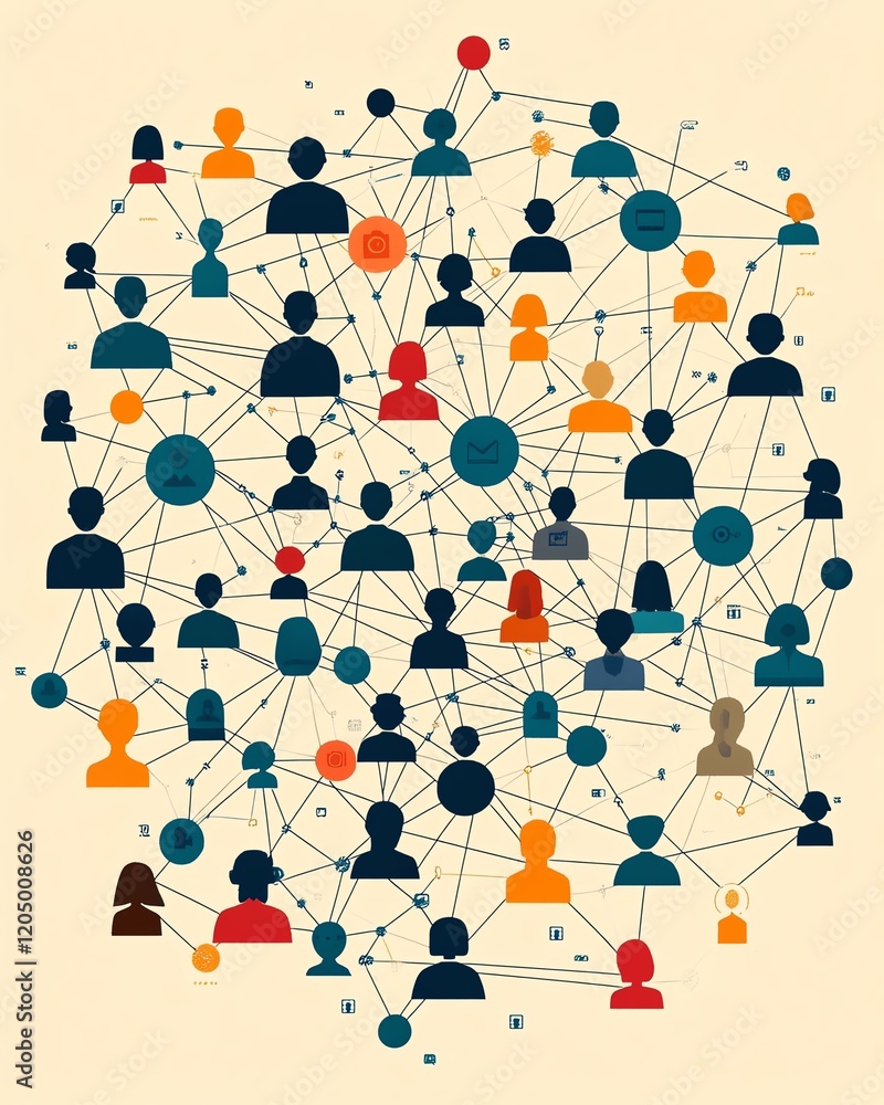 Poster a network of connected icons symbolizing diverse professional individuals, with lines connecting the