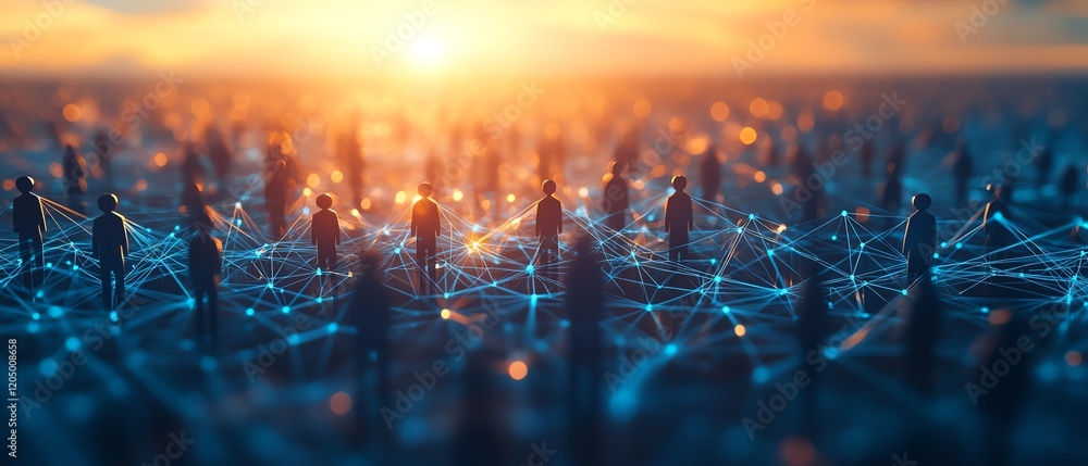 Aufkleber a network of silhouetted figures linked by intricate lines on a blue gradient background, representi