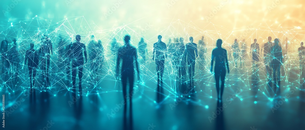 Poster a network of silhouetted figures linked by intricate lines on a blue gradient background, representi
