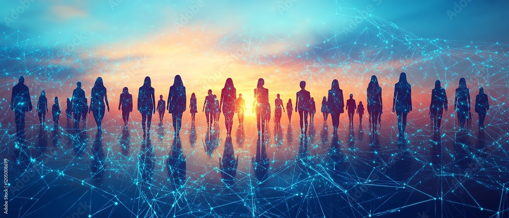 Poster a network of silhouetted figures linked by intricate lines on a blue gradient background, representi