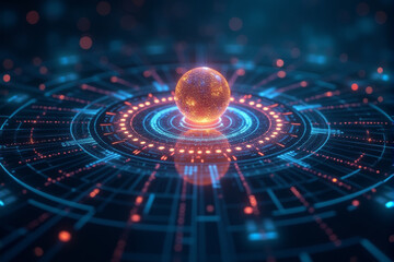 Obraz premium An AI-powered virtual assistant visualized as a holographic sphere, surrounded by pulsating waves of light, futuristic digital particles floating in a dark background