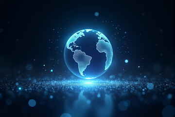 Fototapeta premium An AI-powered virtual assistant visualized as a holographic sphere, surrounded by pulsating waves of light, futuristic digital particles floating in a dark background
