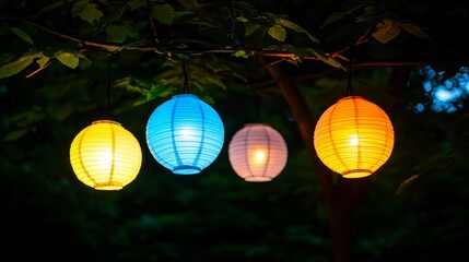 Obraz premium Illuminated Paper Lanterns Hanging from Tree Branches at Night