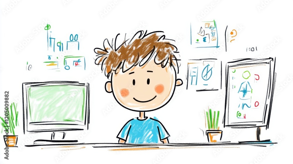 Poster happy child with digital devices and creative drawings in a colorful workspace, representing innovat
