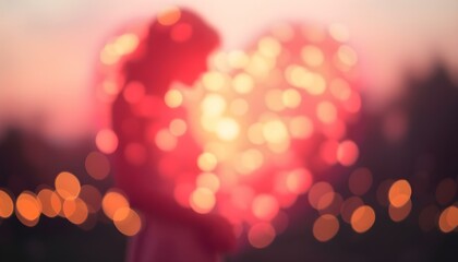 Fototapeta premium Silhouette Romantic Couple Heart Shaped Lights Bokeh Background Lovely Valentine Day Red Pink Blur 