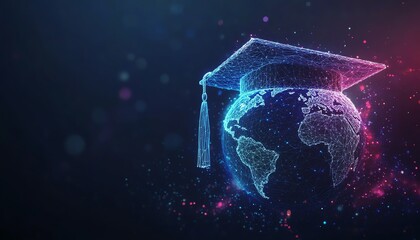 Low poly wireframe graduation cap for Earth on dark background, abstract polygonal style, distance learning, online education, elearning