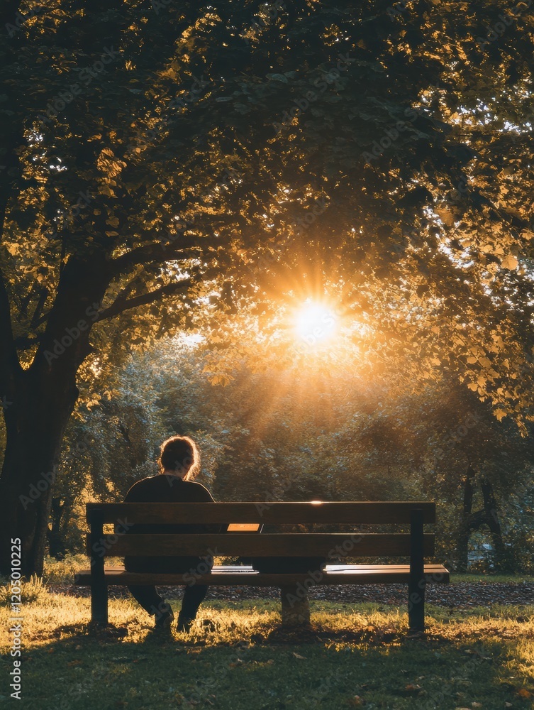 Poster person enjoys peaceful moment outdoors while using a tablet on a park bench during sunset. generativ
