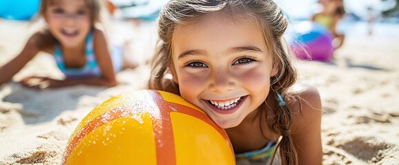 Happy girl smiling at the beach with a beach ball.
