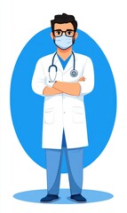 Fototapeta premium Digital Illustration of a Confident Male Doctor Wearing a Mask and White Coat with Stethoscope in Front of Blue Background