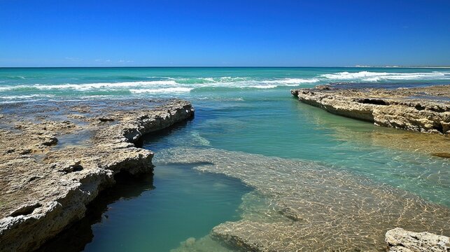 Coastal rock pool, turquoise water, ocean waves, sunny day, travel