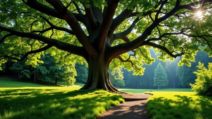 Fototapeta premium Bask in sunlight filtering through vibrant green leaves on an expansive tree's wide branches, stretching out in every direction with majestic grace