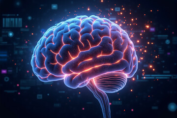 Fototapeta premium A digital brain concept, with intricate glowing circuits forming the structure of the brain, surrounded by holographic data and neon lights, vibrant and high-tech design