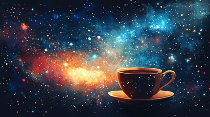 Cosmic Journey: Coffee Cup Against a Colorful Galaxy Background