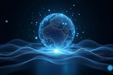 Obraz premium An AI-powered virtual assistant visualized as a holographic sphere, surrounded by pulsating waves of light, futuristic digital particles floating in a dark background