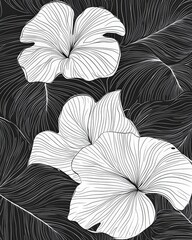 Elegant Line Art Botanical Design with Tropical Flowers on Black