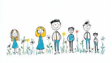 Fototapeta premium Happy Family Illustration in Nature with Colorful Flowers and Cartoon Characters Depicting Togetherness and Joy
