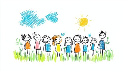 Playful Hand-Drawn Illustration of Diverse Group of Stick Figures Standing in Sunlit Green Meadow with Blue Sky