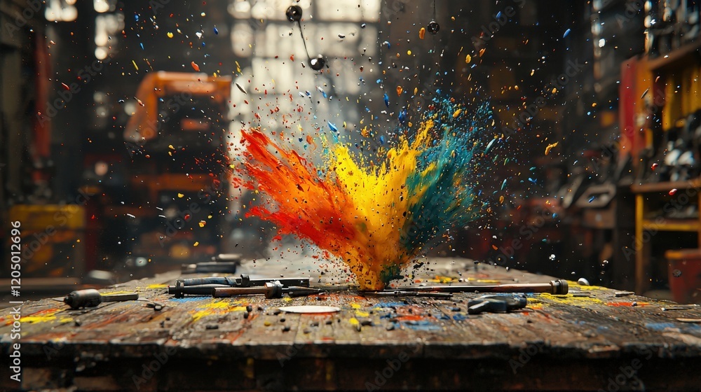 Poster colorful explosion of paint in a rustic workshop with tools and artistic atmosphere