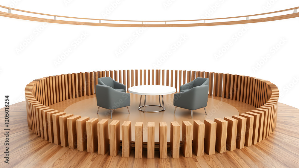 Poster a 3d rendering of a virtual talk show set up on a circular stage, with three chairs prepared for an 