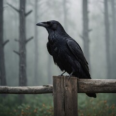 Fototapeta premium A black raven perched on a rustic wooden fence, side-view, DSLR image, blurred foggy background, full body in focus.