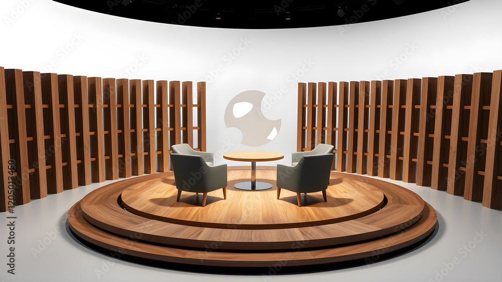 Poster a 3d rendering of a virtual talk show set up on a circular stage, with three chairs prepared for an 