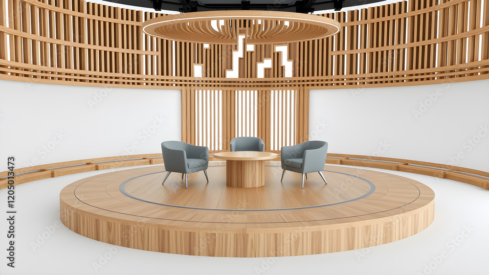 Poster a 3d rendering of a virtual talk show set up on a circular stage, with three chairs prepared for an 