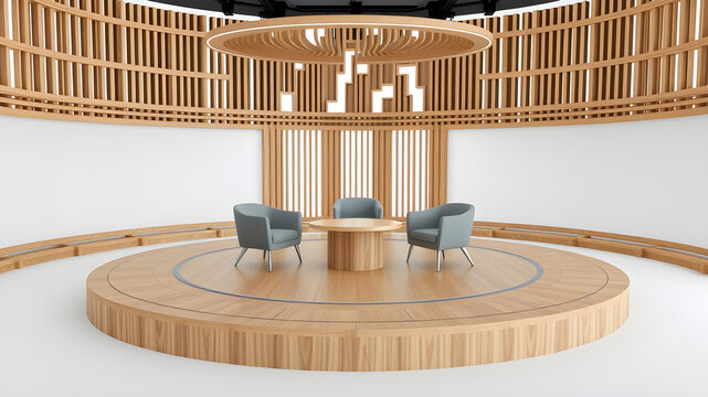 a 3D rendering of A virtual talk show set up on a circular stage, with three chairs prepared for an interview, surrounded by wooden slats with abstract cut on top, captured from behind. Generative AI