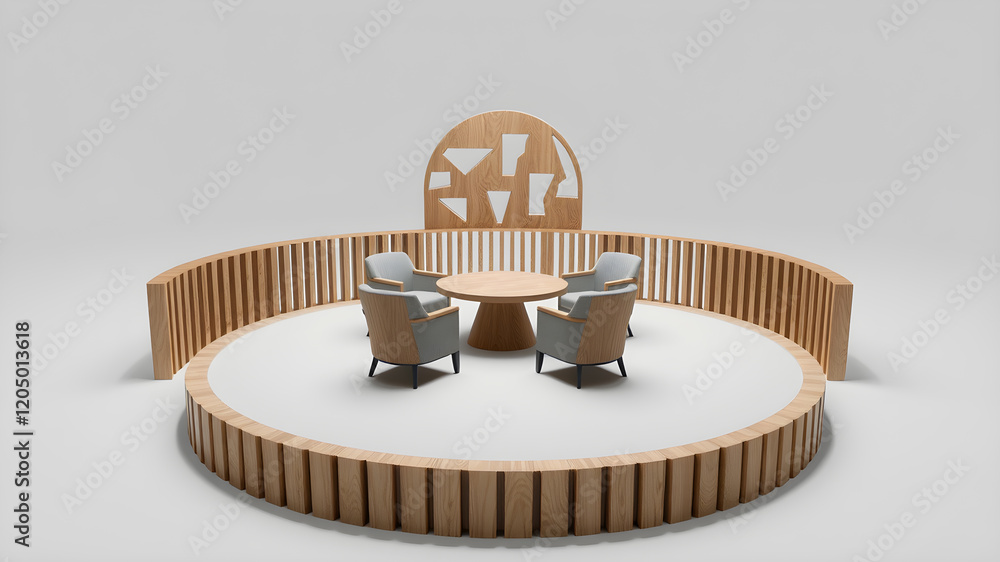 Poster a 3d rendering of a virtual talk show set up on a circular stage, with three chairs prepared for an 