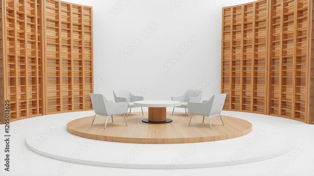 Poster a 3d rendering of a virtual talk show set up on a circular stage, with three chairs prepared for an 