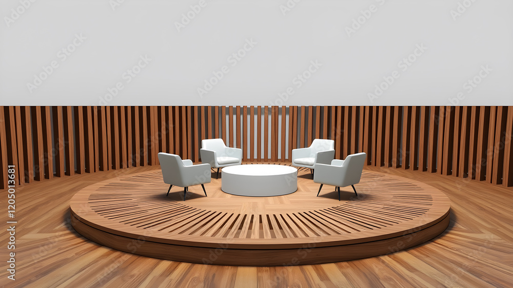 Poster a 3d rendering of a virtual talk show set up on a circular stage, with three chairs prepared for an 