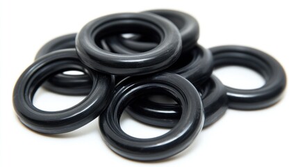 Fototapeta premium Pile of Black Rubber O-Rings on White Background