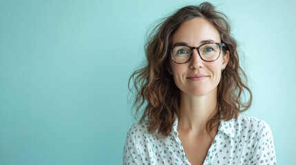 Obraz premium A friendly teacher with glasses, standing in front of a light blue background