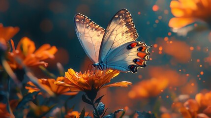 Monarch Butterfly on Orange Flower, Soft Bokeh Light, Nature's Beauty, Generated AI
