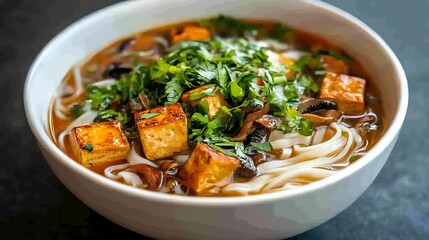 Bowl of vegan pho with rice noodles, mushrooms, tofu, and fresh herbs in a flavorful vegetable broth