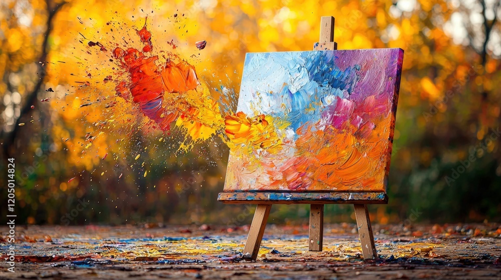 Poster vibrant color explosion in art canvas with autumn background and bright splashes