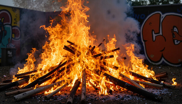 Vivid flames dancing in vibrant street fire, urban expression