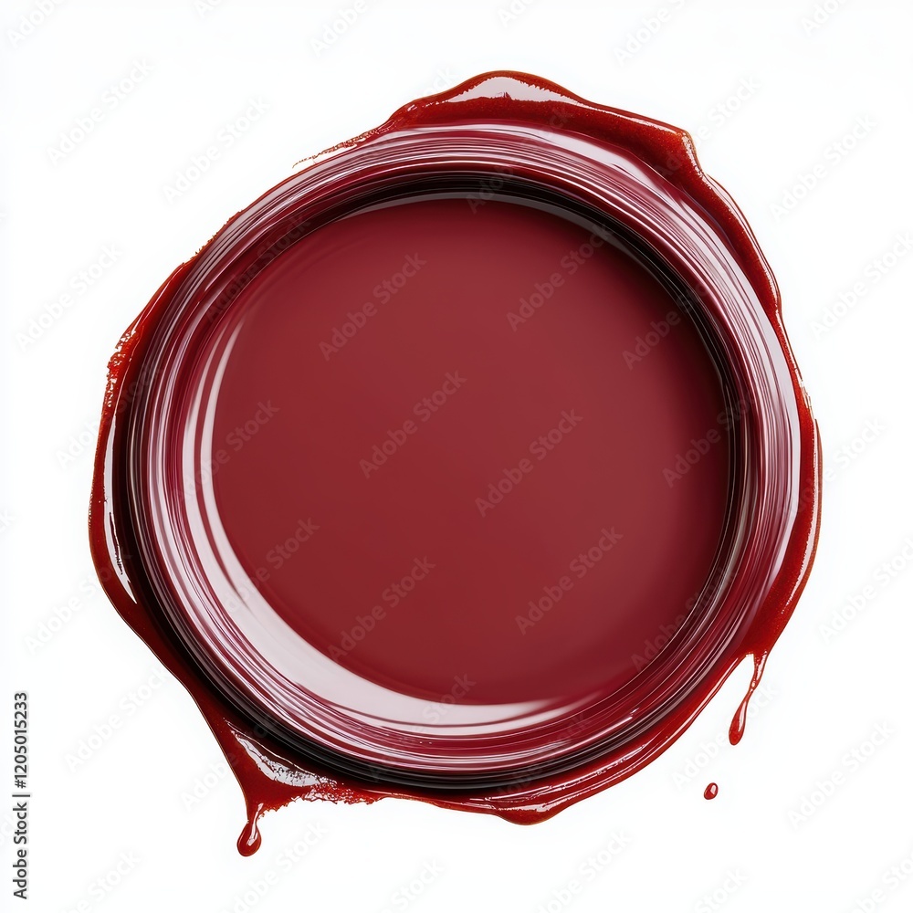 Poster deep red paint swirl in a circular container, isolated on white background