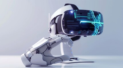 A virtual reality education station with a sleek headset, educational software projections, and a set of tactile feedback gloves, displayed on white.