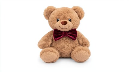 Adorable Brown Teddy Bear with Red Bow Tie on White Background