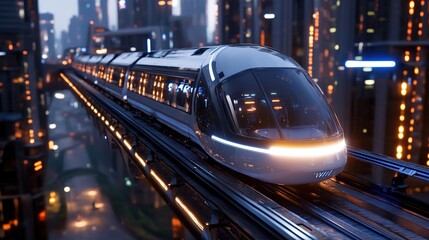  futuristic public transportation , subway or sky train vehicle at urban cybernetic cityscape full of lights and buildings