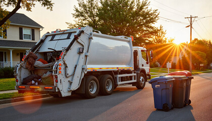 Garbage truck collecting waste at sunrise, community cleanliness