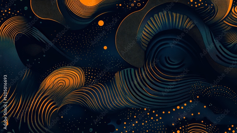 Poster abstract flowing patterns with orange and blue hues on dark background