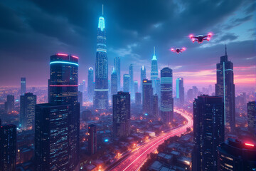 Obraz premium A neon-themed AI city at night, with glowing holographic billboards, AI-powered vehicles, and a futuristic urban vibe, vibrant colors and dynamic lighting.