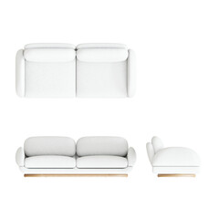 Sofa 3D Rendering Stock Illustration on transparent background, top view, side view and front view.