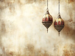 Obraz premium Elegant Ornate Lanterns Hanging Against Textured Wall