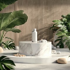 Fototapeta premium A 3D podium featuring a luxurious marble, designed to showcase products. On the podium, a pill bottle and capsules are elegantly displayed, with ample space to place additional items for display.