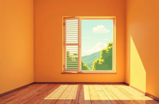 illustration of corner of big empty room on sunny morning. Wide window with jalousie in front. South style interior with orange plaster walls, wooden parquet