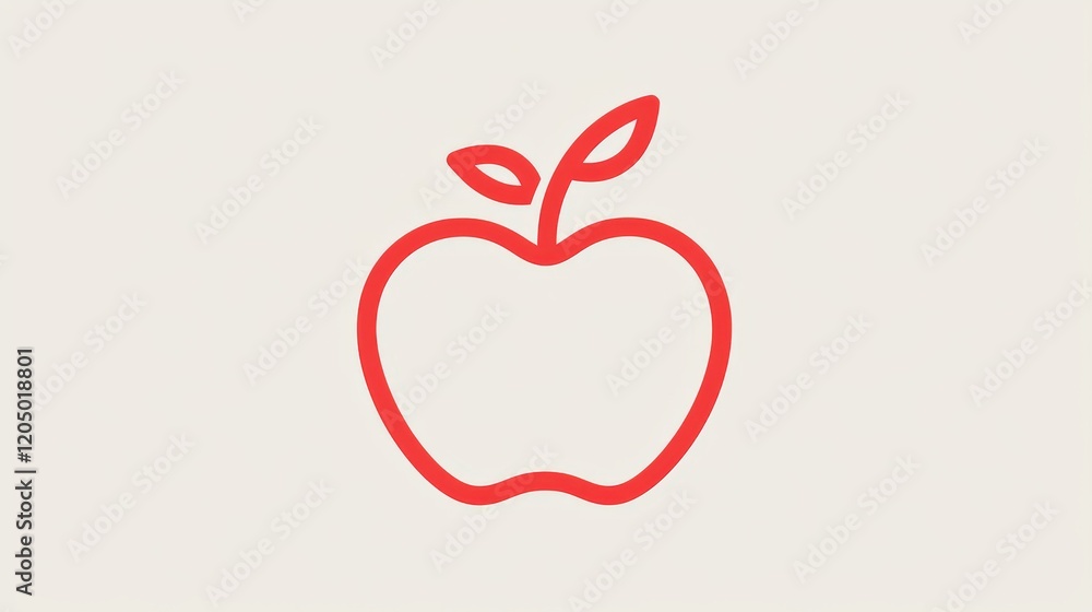 Poster simple outline of a red apple with leaf on a light background for healthy eating concepts